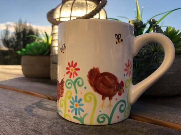 Chicken Mugs. Hand Painted Little Red Hen Design Busy Bee Mugs with red, pink and blue flowers - Image 3