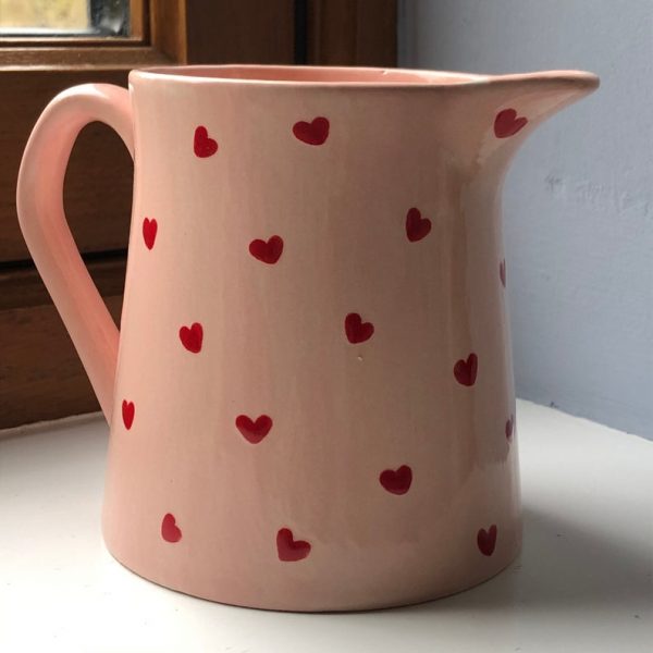 Hand Painted, Light Pink, Jug, Red Hearts, Ceramic, Pottery, Gifts for Friends and Family, Small - Image 2