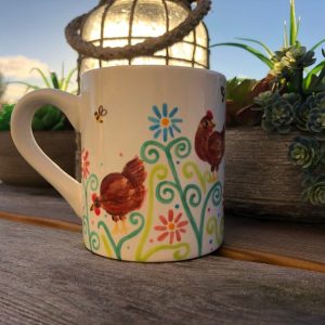Chicken Mugs. Hand Painted Little Red Hen Design Busy Bee Mugs with red, pink and blue flowers