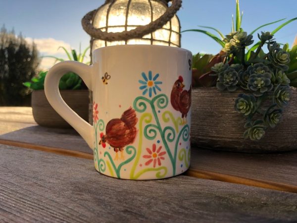Chicken Mugs. Hand Painted Little Red Hen Design Busy Bee Mugs with red, pink and blue flowers