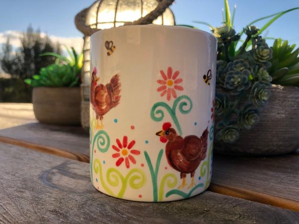 Chicken Mugs. Hand Painted Little Red Hen Design Busy Bee Mugs with red, pink and blue flowers - Image 4