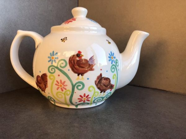Hand Painted, Chicken, Hen, Floral, Busy Bee, Teapot, Ceramic, Pottery, Gifts for Friends and Family