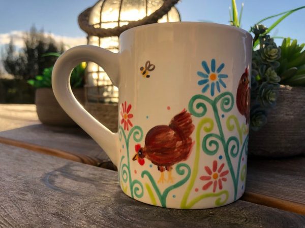 Chicken Mugs. Hand Painted Little Red Hen Design Busy Bee Mugs with red, pink and blue flowers - Image 2