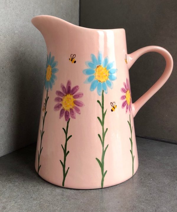 Hand Painted, Pink, Teal, Purple, Floral, Jug. Medium, Ceramic, Pottery, Gifts for Friends and Family