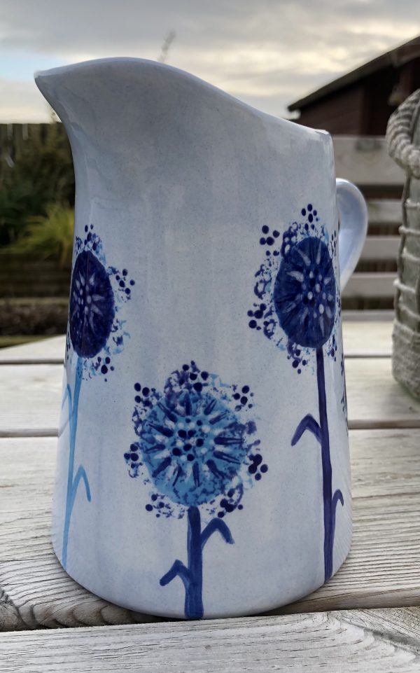 Hand Painted, Blue, Dandelion, Jug, Medium, Ceramic, Pottery, Gifts for Friends and Family