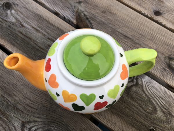 Hand Painted, Big Heart, Teapot, Red, Green, Yellow, Orange, Ceramic, Pottery, Gifts for Friends and Family