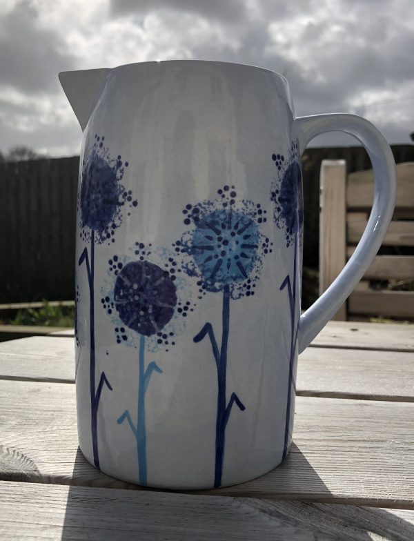 Hand Painted, Blue, Dandelion, Jug, Large, Ceramic, Pottery, Gifts for Friends and Family