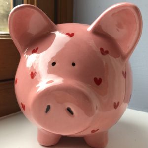 Piggy Bank, Hand Painted, Pink and Red, Sweetheart, Large, Ceramic, Pottery, Gifts for Children, Birthdays, Fun