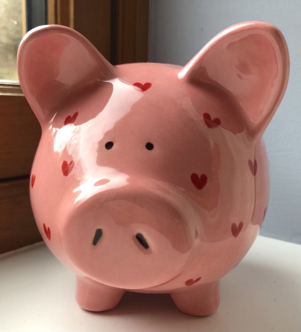 Piggy Bank, Hand Painted, Pink and Red, Sweetheart, Large, Ceramic, Pottery, Gifts for Children, Birthdays, Fun