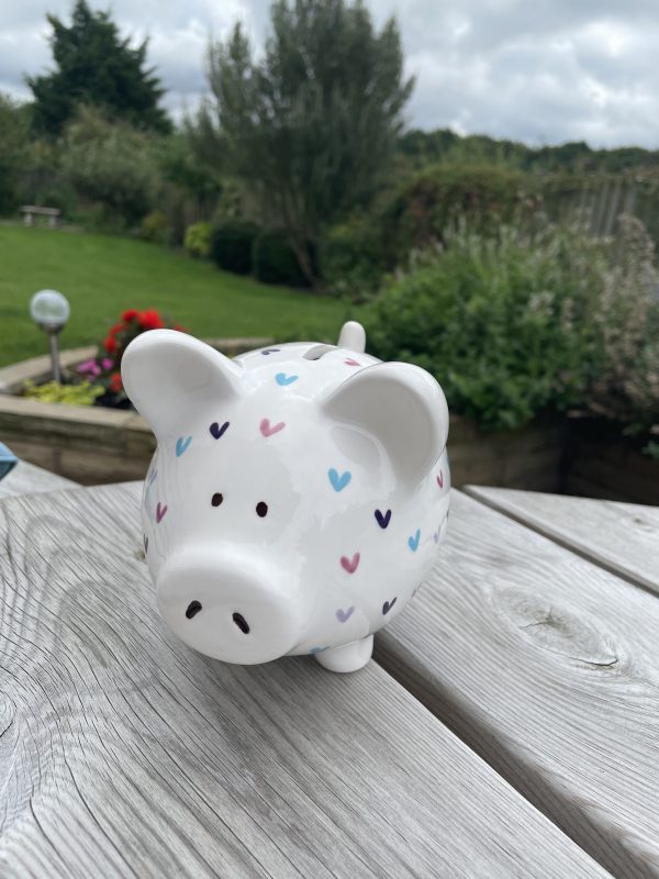 Hand Painted, Blue, Purple, Teal, Sweetheart, Piggy Bank, Medium, Ceramic, Pottery, Gifts for Children, Traditional