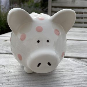 Hand Painted, White, Pale Pink Spot, Piggy Bank, Medium, Ceramic, Pottery, Gifts for Children, Traditional
