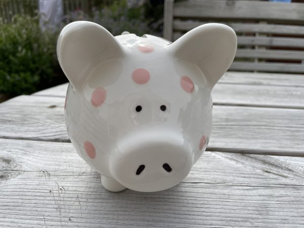 Hand Painted, White, Pale Pink Spot, Piggy Bank, Medium, Ceramic, Pottery, Gifts for Children, Traditional