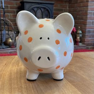 Hand Painted, Piggy Bank, Large, White with Orange Spots, Gifts, Children, Traditional, Birthday