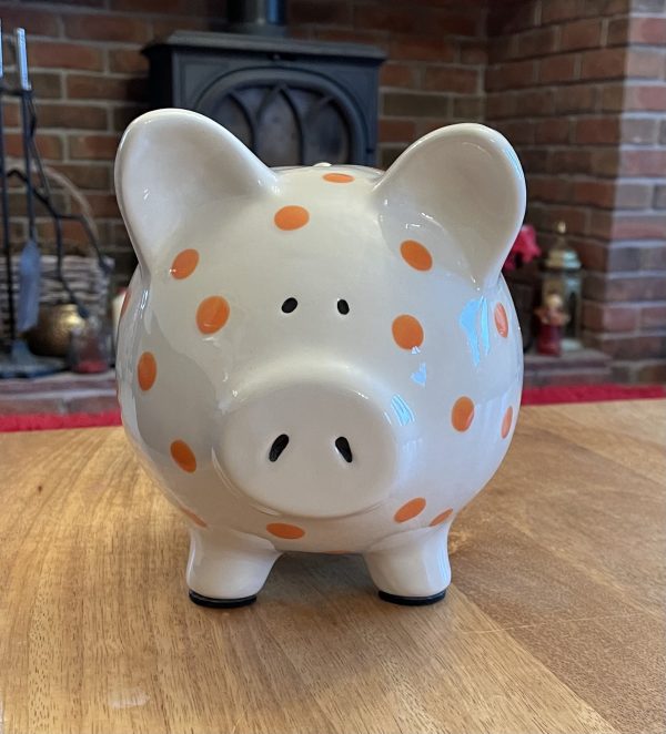 Hand Painted, Piggy Bank, Large, White with Orange Spots, Gifts, Children, Traditional, Birthday