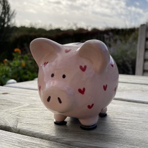 Hand Painted, Light Pink, Red, Sweetheart, Piggy Bank,  Small, Ceramic, Pottery, Gifts for Children, Traditional