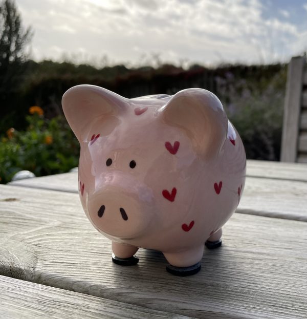 Hand Painted, Light Pink, Red, Sweetheart, Piggy Bank,  Small, Ceramic, Pottery, Gifts for Children, Traditional