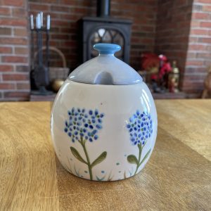 Hand Painted, Blue, Hydrangea, Sugar Bowl, Honey Pot, Ceramic, Pottery, Gifts for Friends and Family