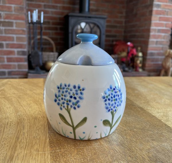 Hand Painted, Blue, Hydrangea, Sugar Bowl, Honey Pot, Ceramic, Pottery, Gifts for Friends and Family