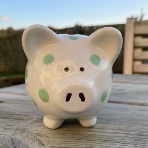 Hand Painted, Piggy Bank, White with Green Spots, Ceramic, Gifts for Children and Adults, Small