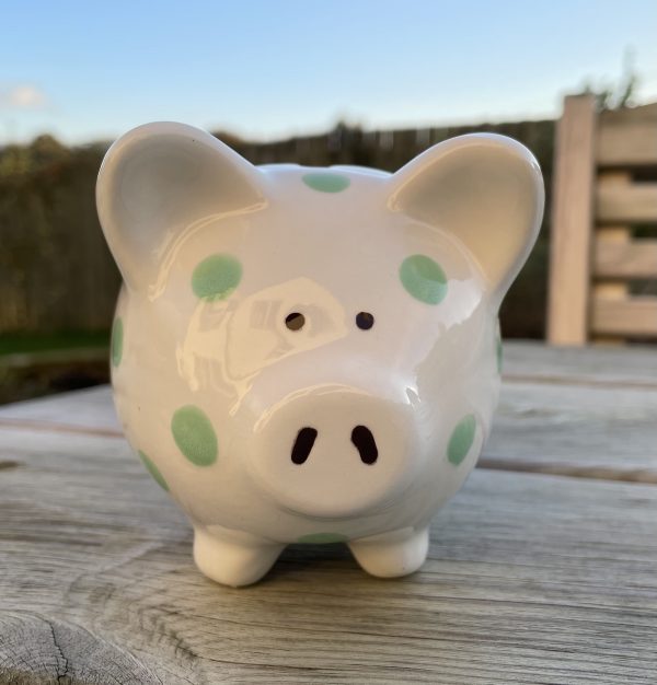 Hand Painted, Piggy Bank, White with Green Spots, Ceramic, Gifts for Children and Adults, Small