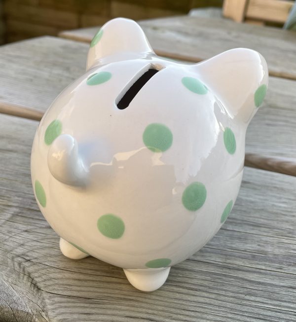 Hand Painted, Piggy Bank, White with Green Spots, Ceramic, Gifts for Children and Adults, Small - Image 3