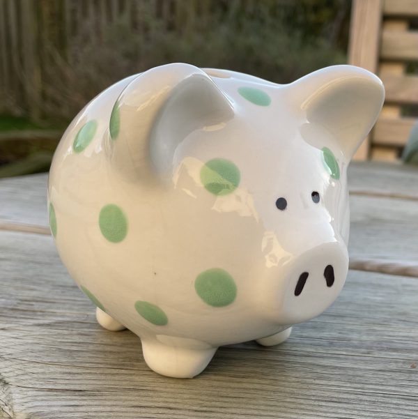 Hand Painted, Piggy Bank, White with Green Spots, Ceramic, Gifts for Children and Adults, Small - Image 2