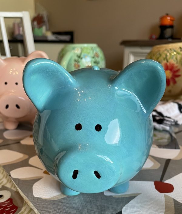 Hand Painted, Small, Teal Piggy Bank, Ceramic, Pottery, Gifts for Friends and Family, Baptism, Birthday, Fun