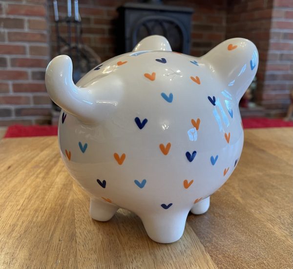 Hand Painted, Piggy Bank, White with Blue and Orange Hearts. Ceramic, Pottery, Gifts, Children, Large - Image 3