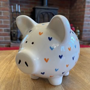 Hand Painted, Piggy Bank, White with Blue and Orange Hearts. Ceramic, Pottery, Gifts, Children, Large