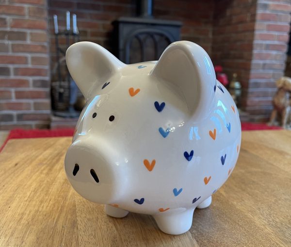 Hand Painted, Piggy Bank, White with Blue and Orange Hearts. Ceramic, Pottery, Gifts, Children, Large