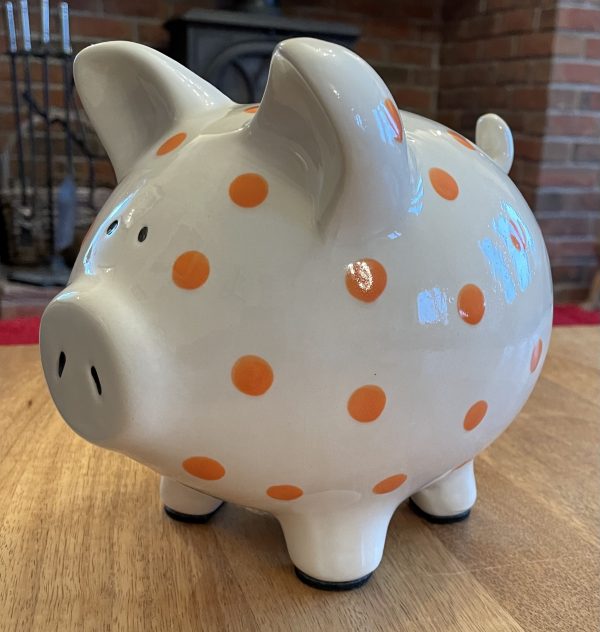 Hand Painted, Piggy Bank, Large, White with Orange Spots, Gifts, Children, Traditional, Birthday - Image 3