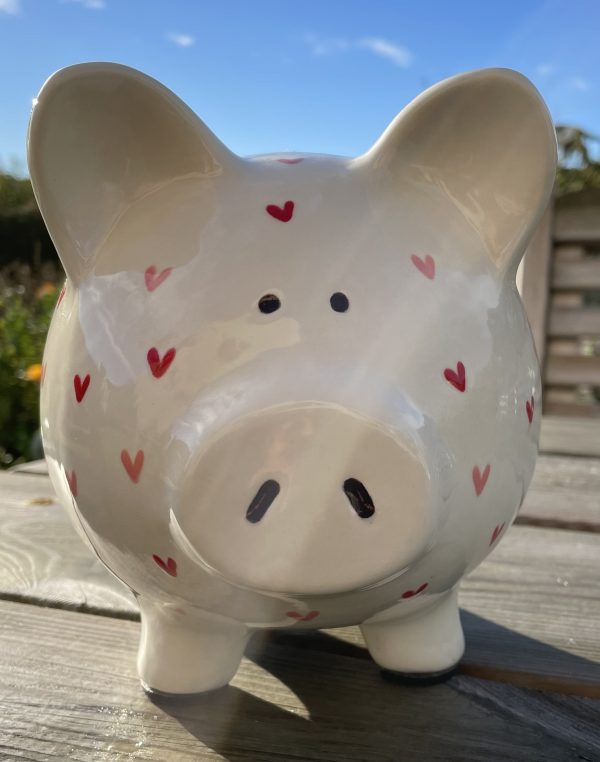Hand Painted, Piggy Bank, White, Pink, Red, Sweetheart, Large, Ceramic, Pottery, Gifts for Children, Traditional - Image 2