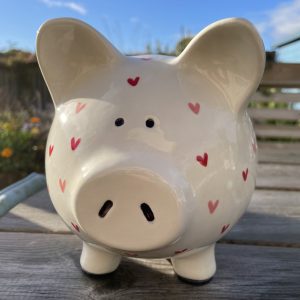 Hand Painted, Piggy Bank, White, Pink, Red, Sweetheart, Large, Ceramic, Pottery, Gifts for Children, Traditional