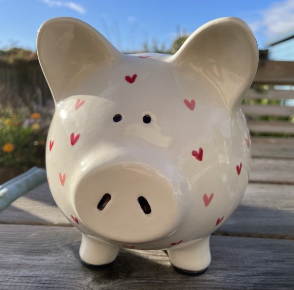 Hand Painted, Piggy Bank, White, Pink, Red, Sweetheart, Large, Ceramic, Pottery, Gifts for Children, Traditional