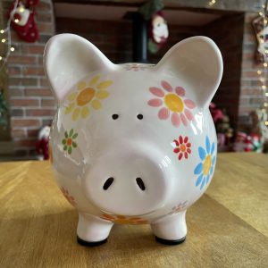 Pale Pink Floral Piggy Bank. Hand Painted, Ceramic, Pottery, Large. Gifts for Children and Adults, Birthday