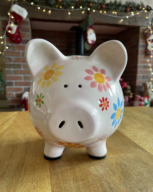 Pale Pink Floral Piggy Bank. Hand Painted, Ceramic, Pottery, Large. Gifts for Children and Adults, Birthday