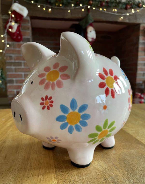 Pretty Floral Piggy Bank www.pottyaboutpottery.co.uk