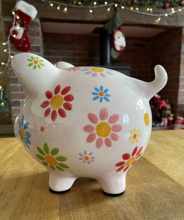 Pale Pink Floral Piggy Bank. Hand Painted, Ceramic, Pottery, Large. Gifts for Children and Adults, Birthday - Image 4