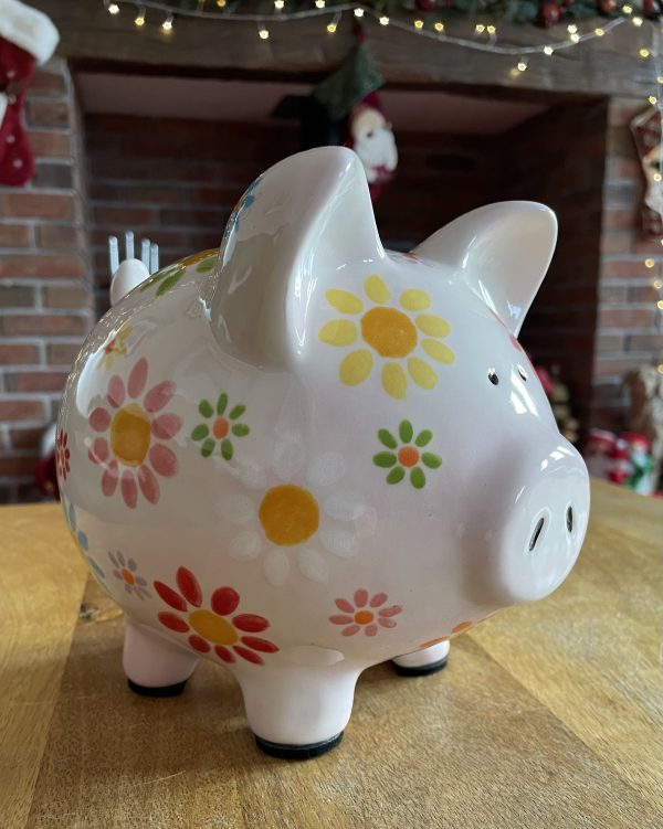 Pale Pink Floral Piggy Bank. Hand Painted, Ceramic, Pottery, Large. Gifts for Children and Adults, Birthday - Image 3