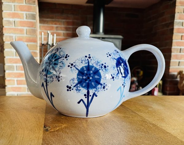 Hand Painted, Blue, Dandelion, Teapot, Ceramic, Pottery, Gifts for Friends and Family