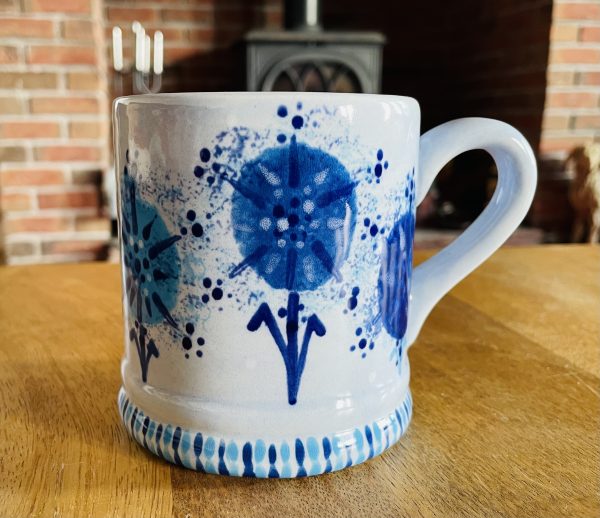 Mugs. Hand Painted Blue Dandelion Mug, Ceramic Pottery Shop, Gifts for Friends and Family