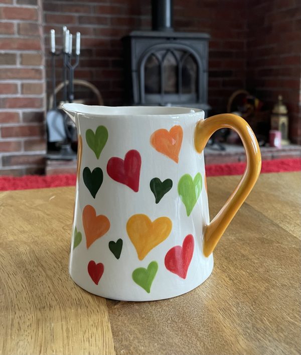 Hand Painted, Orange, Yellow, Green, Red, Big Heart, Jug. Small, Ceramic, Pottery, Gifts for Friends and Family