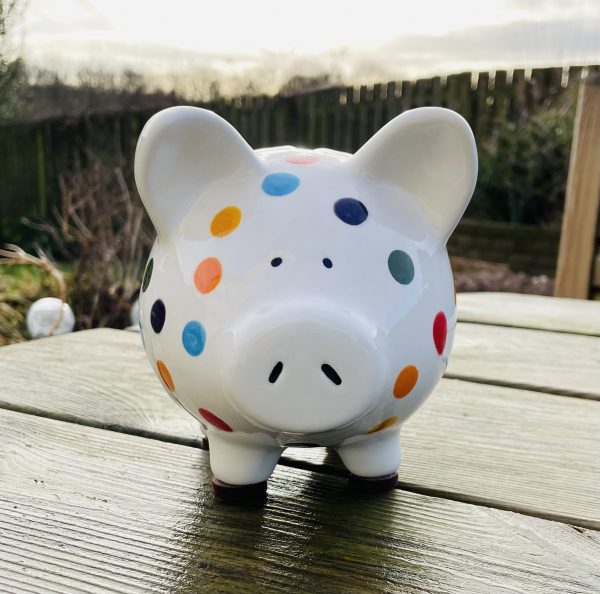 Multicoloured Spot Piggy Bank. Hand Painted Piggy Bank, Medium, Ceramic Pottery Shop, Gifts for Children