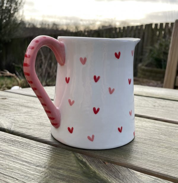 Hand Painted, White, Pink, Red, Sweet Heart, Milk, Jug, Small, Ceramic, Pottery, Gifts for Friends and Family