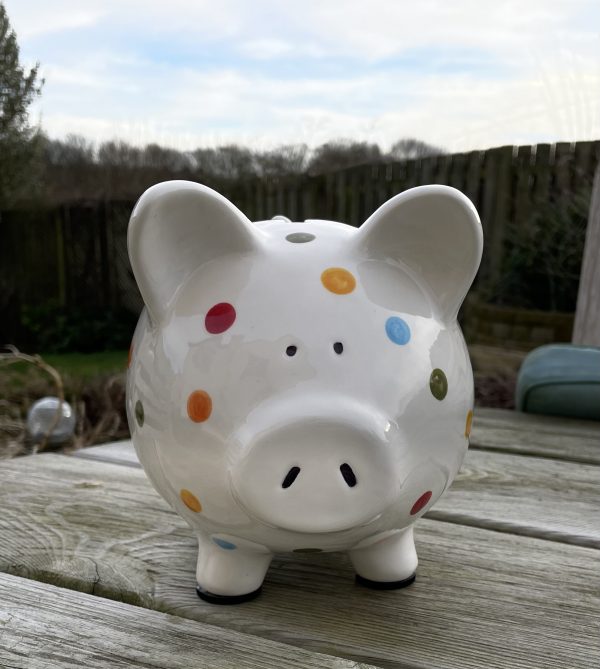 Hand Painted Piggy Bank, Multicoloured Spots, Ceramic Pottery, Gifts for Children, Baptism, Christening, Large