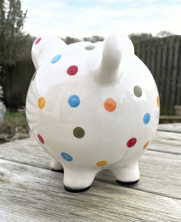 Hand Painted Piggy Bank, Multicoloured Spots, Ceramic Pottery, Gifts for Children, Baptism, Christening, Large - Image 4