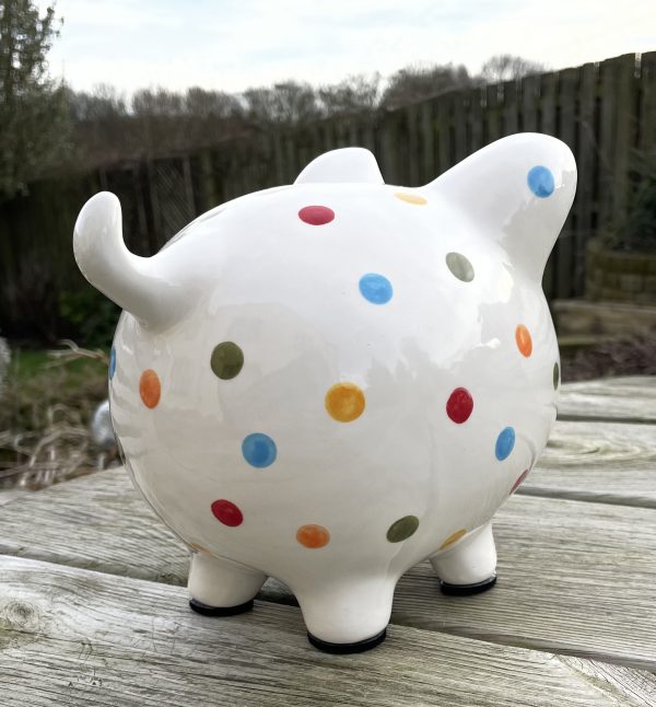 Hand Painted Piggy Bank, Multicoloured Spots, Ceramic Pottery, Gifts for Children, Baptism, Christening, Large - Image 5