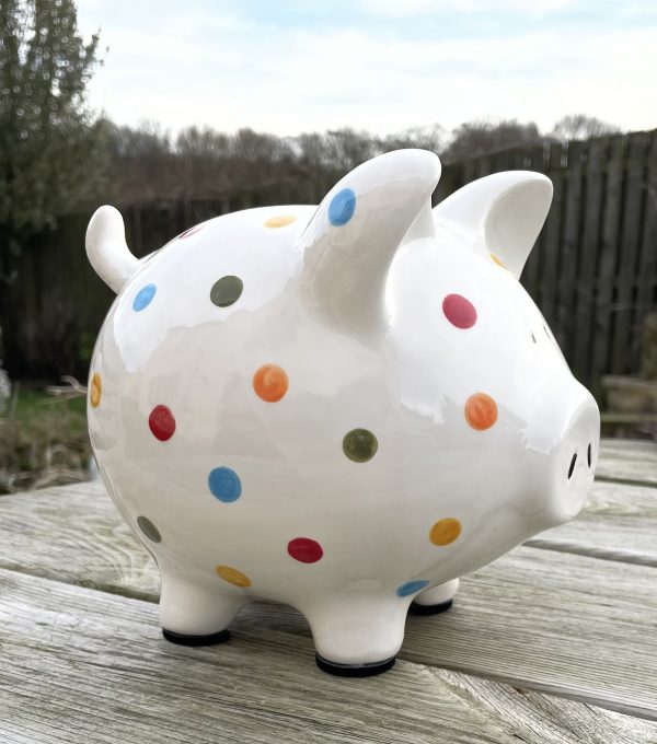 Hand Painted Piggy Bank, Multicoloured Spots, Ceramic Pottery, Gifts for Children, Baptism, Christening, Large - Image 6