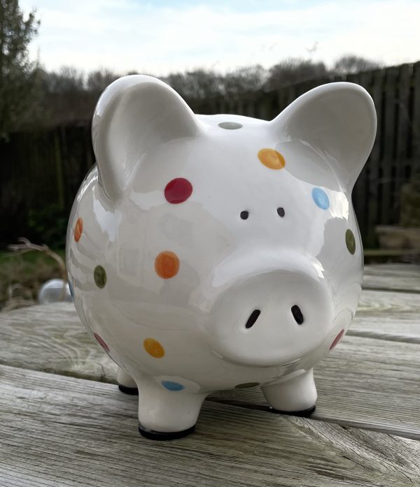 Hand Painted Piggy Bank, Multicoloured Spots, Ceramic Pottery, Gifts for Children, Baptism, Christening, Large - Image 2