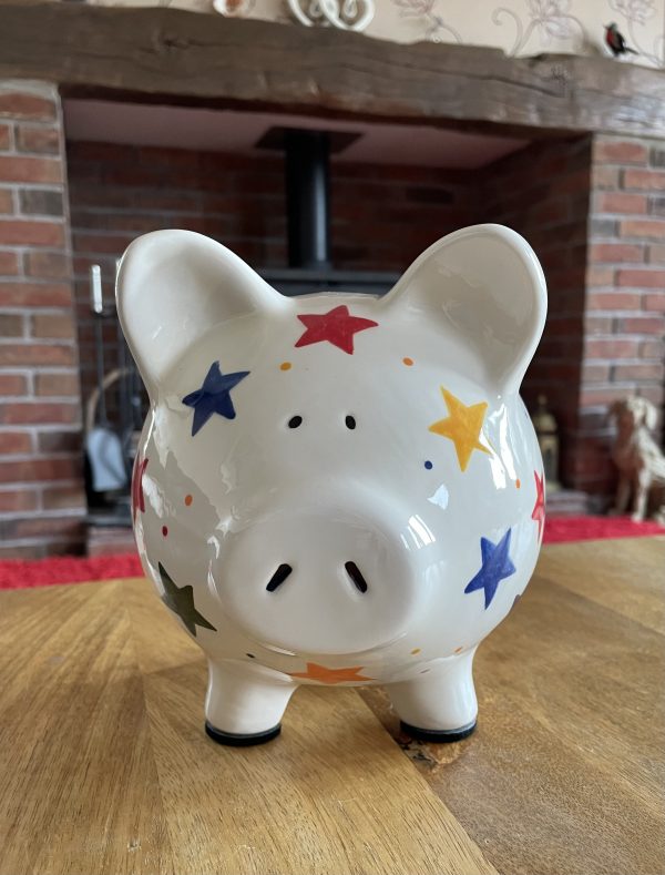 Hand Painted Piggy Bank, Multicoloured Stars, Ceramic Pottery, Gifts for Children, Baptism, Christening, Large